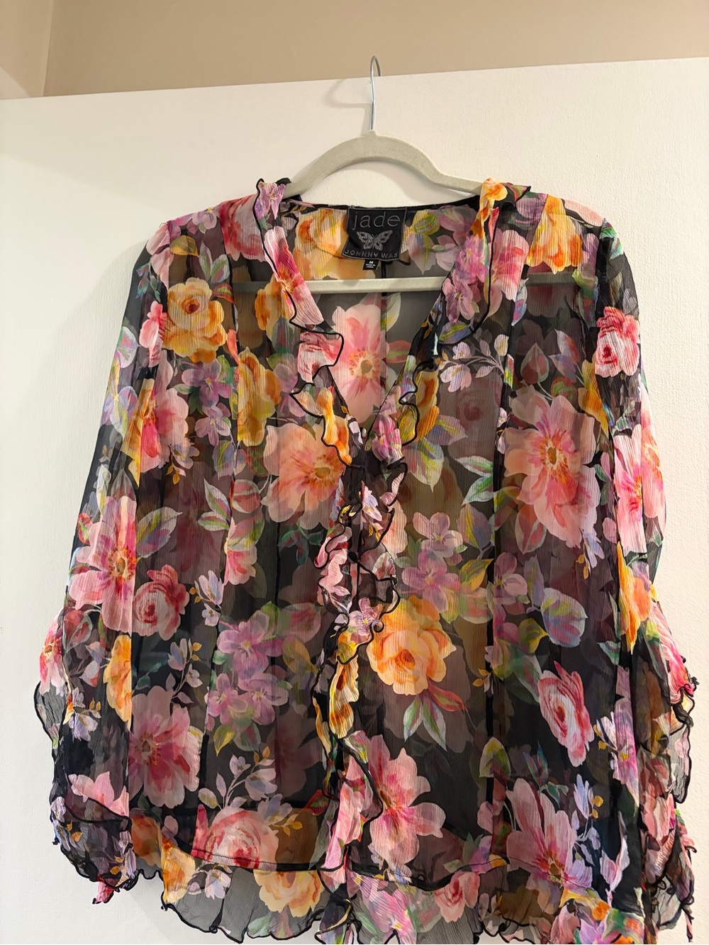 Jade Johnny Was  Floral Ruffle Sheer Blouse in Black with Pink & Yellow Flowers